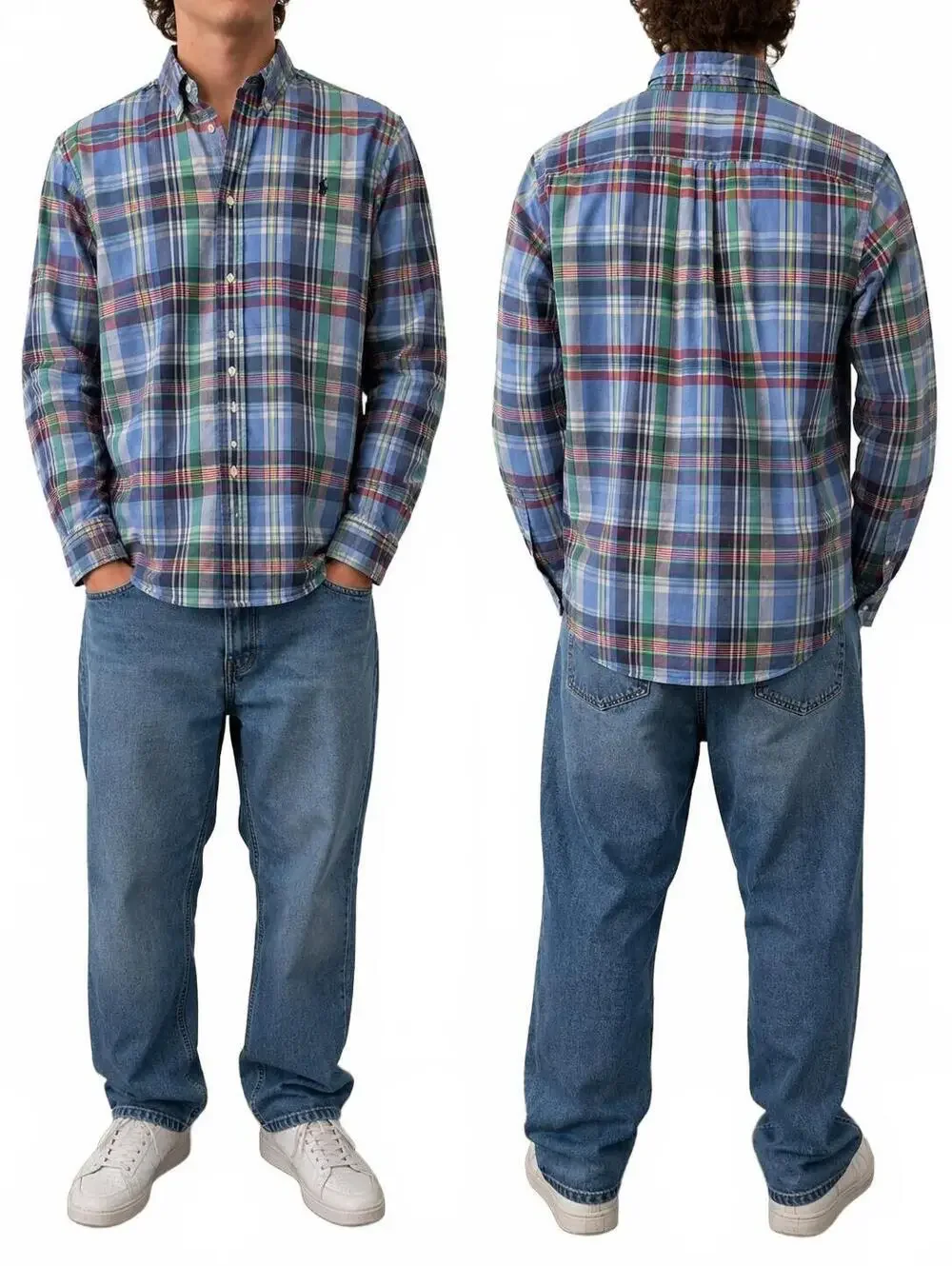 Ralph Lauren 100% Cotton Blue Plaid Button-Down Shirt In A Youth Size 18-20. Fea
